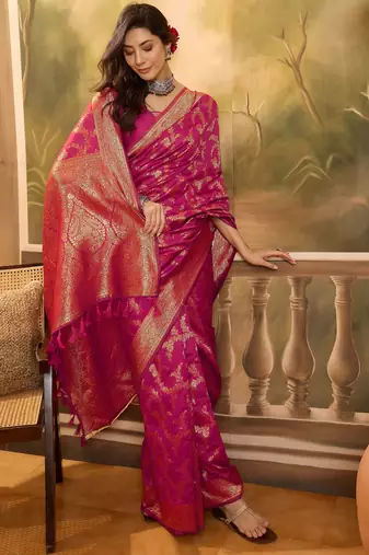 pink banarasi jacquard saree with golden zari weaving & tassel pallu     unstitched blouse