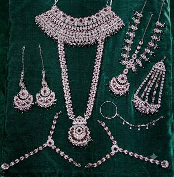 Maroon 2-layer bridal jewelry set with earrings, maang tikka, pasha, nath & panja | rhodium plated 2