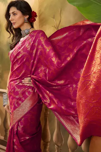 pink banarasi jacquard saree with golden zari weaving & tassel pallu     unstitched blouse