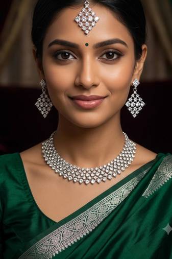 white necklace set with earrings, maang tikka & agate stone   rhodium plated