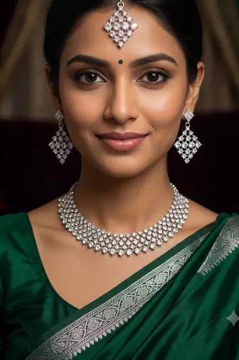 White necklace set with earrings, maang tikka & agate stone | rhodium plated