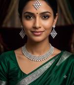White necklace set with earrings, maang tikka & agate stone | rhodium plated