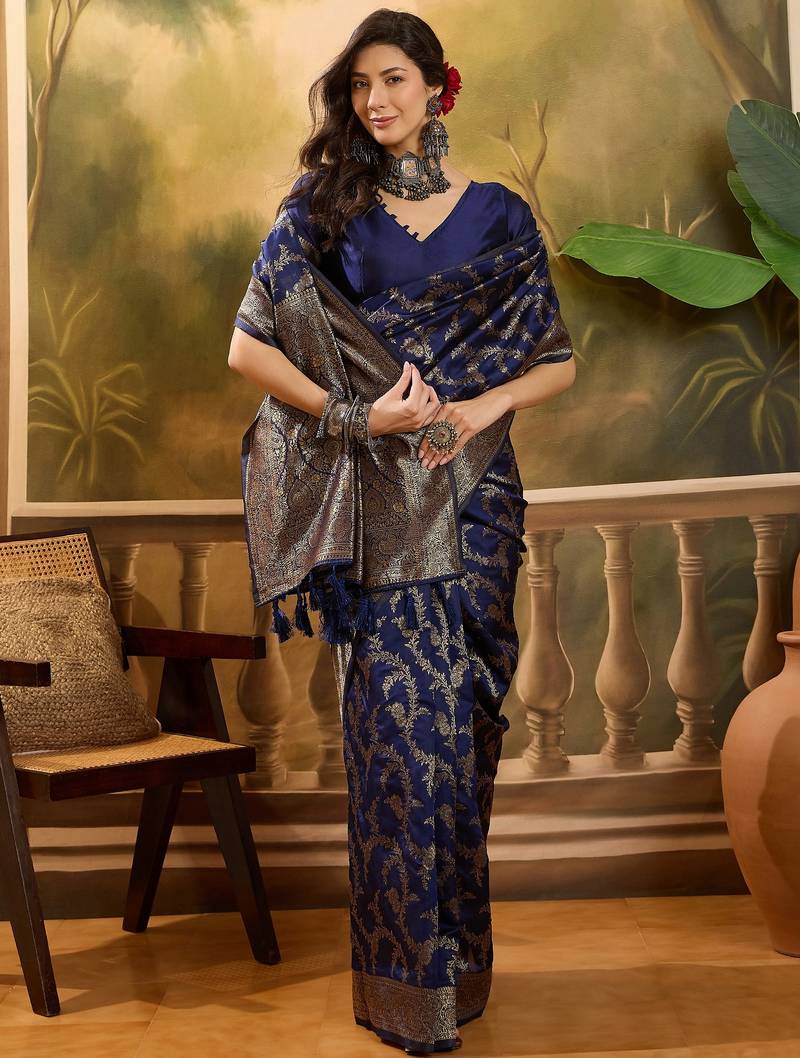 navy blue banarasi jacquard saree with golden zari weaving & tassel pallu     unstitched blouse