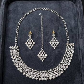 White necklace set with earrings, maang tikka & agate stone | rhodium plated 2