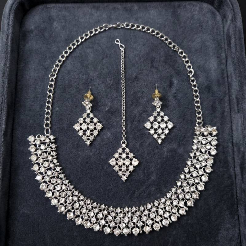 White necklace set with earrings, maang tikka & agate stone | rhodium plated
