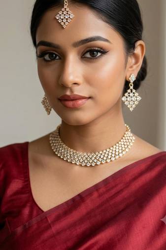 white necklace set with earrings, maang tikka & agate stone   gold plated