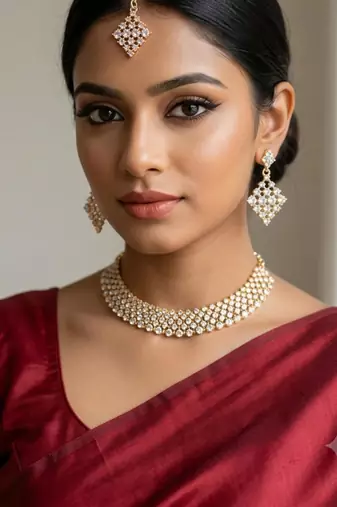 White necklace set with earrings, maang tikka & agate stone | gold plated