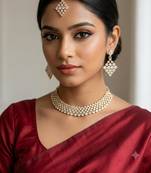 White necklace set with earrings, maang tikka & agate stone | gold plated