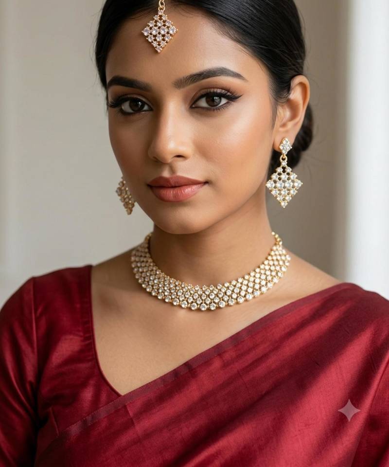 White necklace set with earrings, maang tikka & agate stone | gold plated