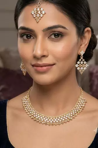 Multi-color necklace set with earrings, maang tikka & agate stone | gold plated