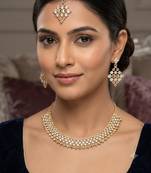 Multi-color necklace set with earrings, maang tikka & agate stone | gold plated
