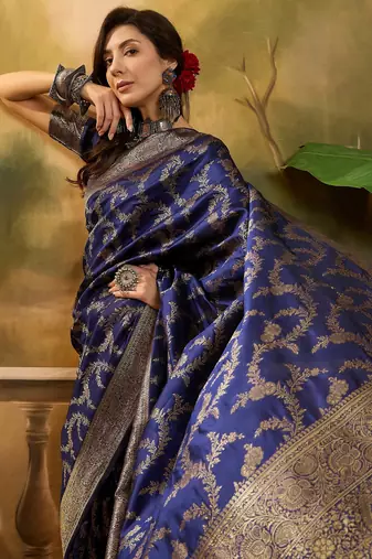 navy blue banarasi jacquard saree with golden zari weaving & tassel pallu     unstitched blouse