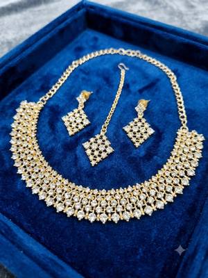 White necklace set with earrings, maang tikka & agate stone | gold plated 2
