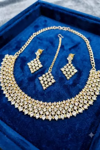 White necklace set with earrings, maang tikka & agate stone | gold plated