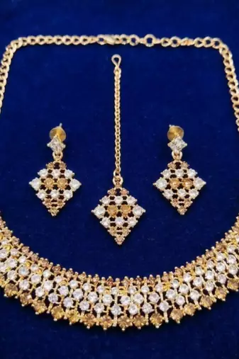 Multi-color necklace set with earrings, maang tikka & agate stone | gold plated