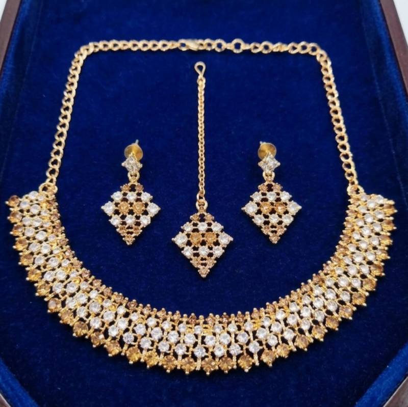 Multi-color necklace set with earrings, maang tikka & agate stone | gold plated