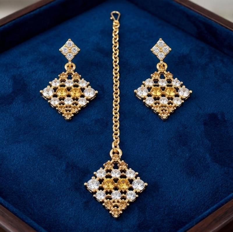 Multi-color necklace set with earrings, maang tikka & agate stone | gold plated