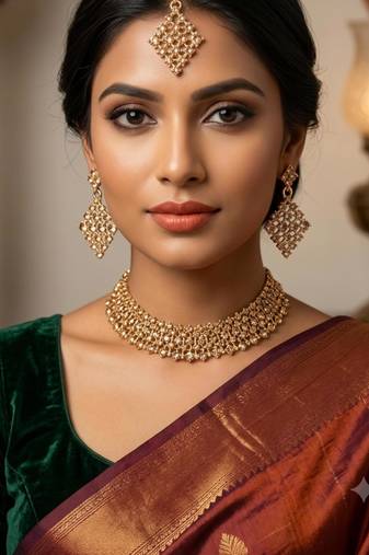 full lct necklace set with earrings, maang tikka & agate stone   gold plated