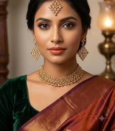 Full lct necklace set with earrings, maang tikka & agate stone | gold plated