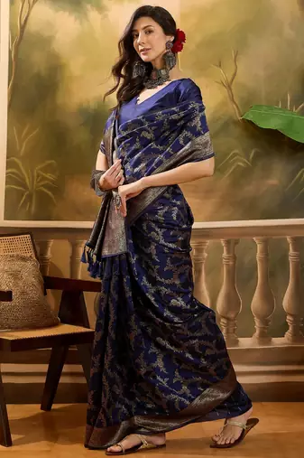 navy blue banarasi jacquard saree with golden zari weaving & tassel pallu     unstitched blouse