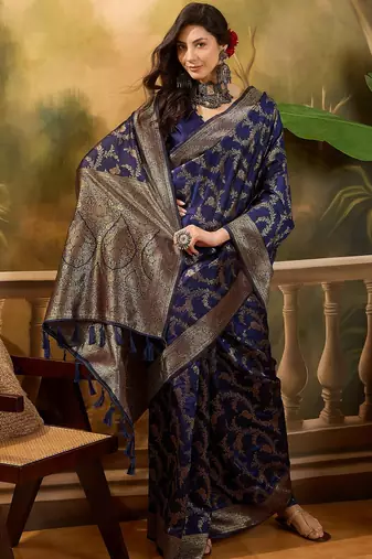 navy blue banarasi jacquard saree with golden zari weaving & tassel pallu     unstitched blouse