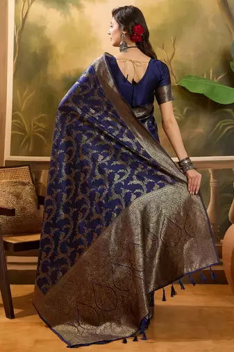 navy blue banarasi jacquard saree with golden zari weaving & tassel pallu     unstitched blouse