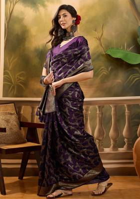 purple banarasi jacquard saree with golden zari weaving & tassel pallu     unstitched blouse 2