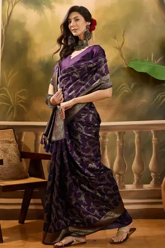 purple banarasi jacquard saree with golden zari weaving & tassel pallu     unstitched blouse