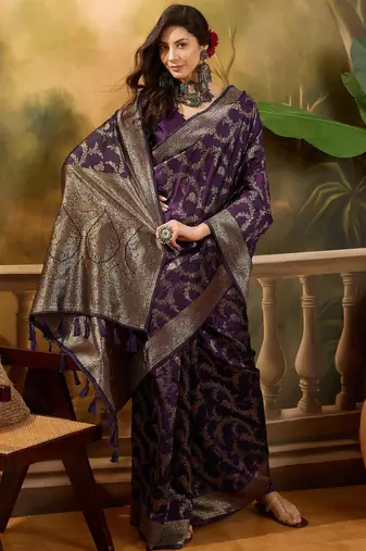 purple banarasi jacquard saree with golden zari weaving & tassel pallu     unstitched blouse