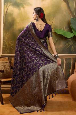 purple banarasi jacquard saree with golden zari weaving & tassel pallu     unstitched blouse 4