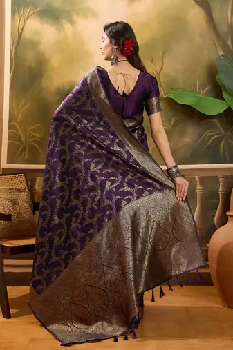 purple banarasi jacquard saree with golden zari weaving & tassel pallu     unstitched blouse