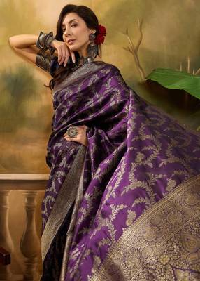 purple banarasi jacquard saree with golden zari weaving & tassel pallu     unstitched blouse 5