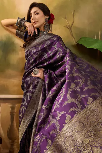purple banarasi jacquard saree with golden zari weaving & tassel pallu     unstitched blouse