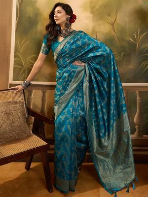 teal blue banarasi jacquard saree with golden zari weaving & tassel pallu     unstitched blouse 1