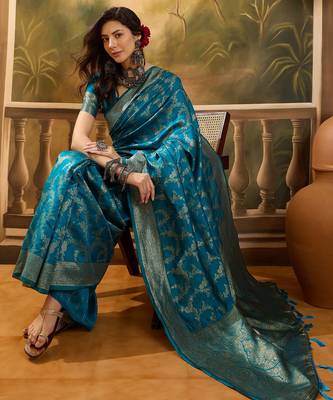 teal blue banarasi jacquard saree with golden zari weaving & tassel pallu     unstitched blouse 2