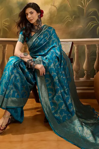 teal blue banarasi jacquard saree with golden zari weaving & tassel pallu     unstitched blouse