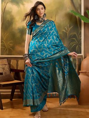 teal blue banarasi jacquard saree with golden zari weaving & tassel pallu     unstitched blouse 3