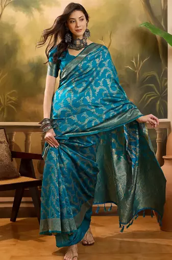 teal blue banarasi jacquard saree with golden zari weaving & tassel pallu     unstitched blouse