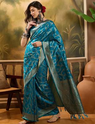 teal blue banarasi jacquard saree with golden zari weaving & tassel pallu     unstitched blouse 4