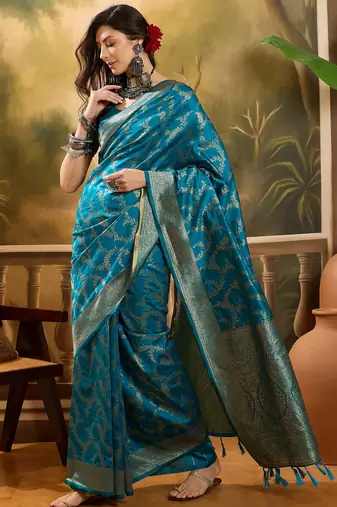 teal blue banarasi jacquard saree with golden zari weaving & tassel pallu     unstitched blouse