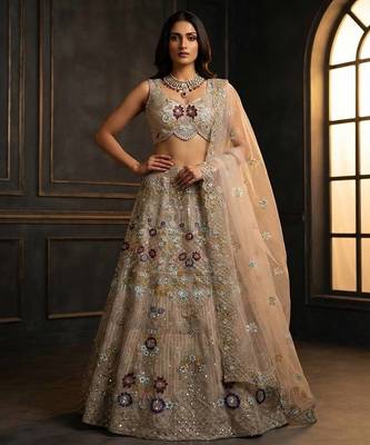 cream color Embroidery Sequins Work Net Lehenga Choli set  1