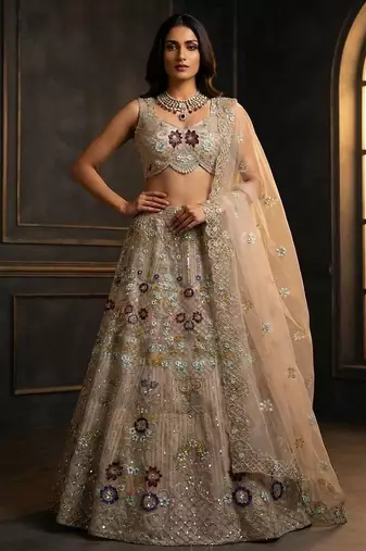 cream color Embroidery Sequins Work Net Lehenga Choli set 