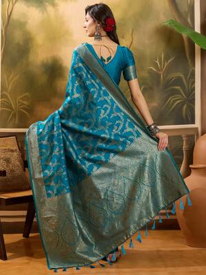 teal blue banarasi jacquard saree with golden zari weaving & tassel pallu     unstitched blouse 5