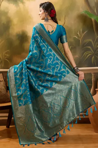 teal blue banarasi jacquard saree with golden zari weaving & tassel pallu     unstitched blouse
