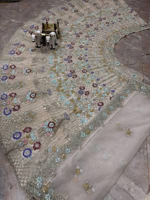 cream color Embroidery Sequins Work Net Lehenga Choli set  3