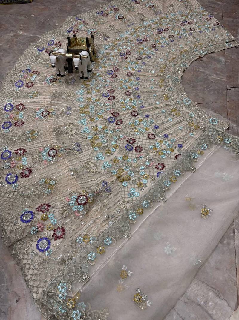 cream color Embroidery Sequins Work Net Lehenga Choli set 