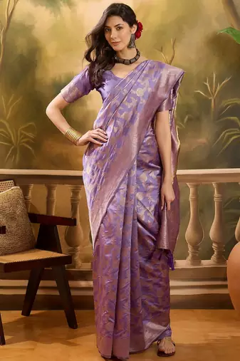 lavender banarasi jacquard saree with golden zari weaving & tassel pallu     unstitched blouse