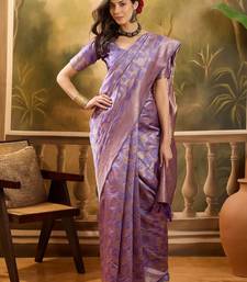 lavender banarasi jacquard saree with golden zari weaving & tassel pallu     unstitched blouse