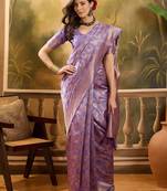 lavender banarasi jacquard saree with golden zari weaving & tassel pallu     unstitched blouse