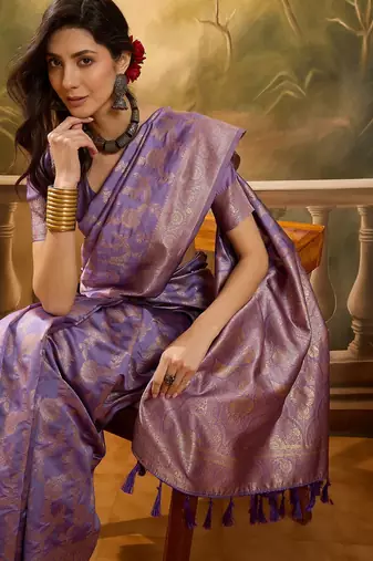 lavender banarasi jacquard saree with golden zari weaving & tassel pallu     unstitched blouse
